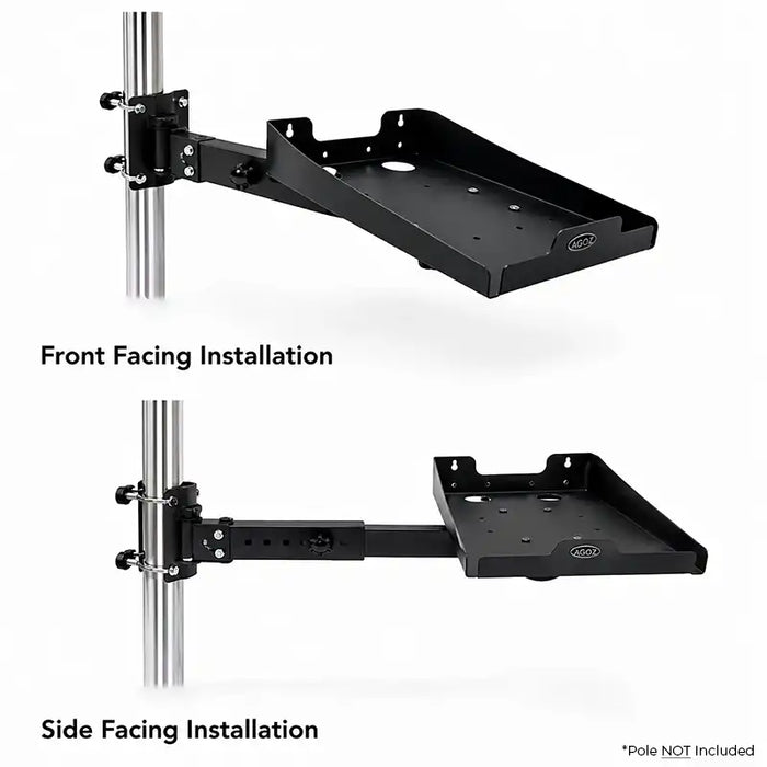 Agoz pole-mounted tray for a Bixolon receipt printer shown in front-facing and side-facing installation configurations.