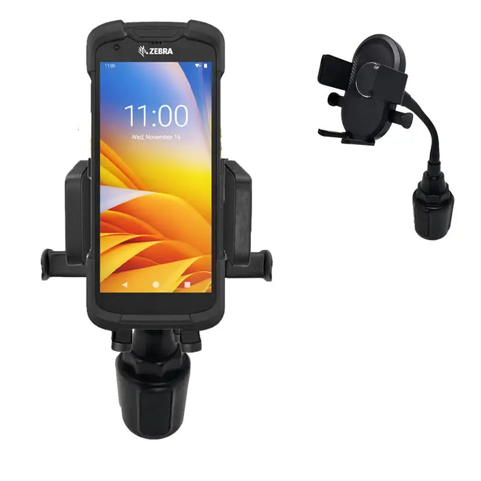 Zebra TC78 mobile computer with cup holder vehicle mount, front and angled view