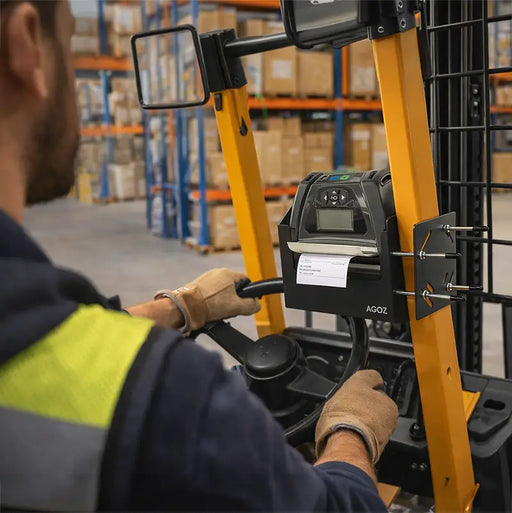 Forklift operator using Zebra ZQ630 mobile printer in AgozTech metal mount holder